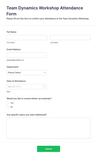 Team Dynamics Workshop Attendance Form Template