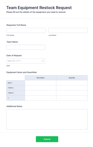 Team Equipment Restock Request Form Template