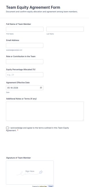 Team Equity Agreement Form Template