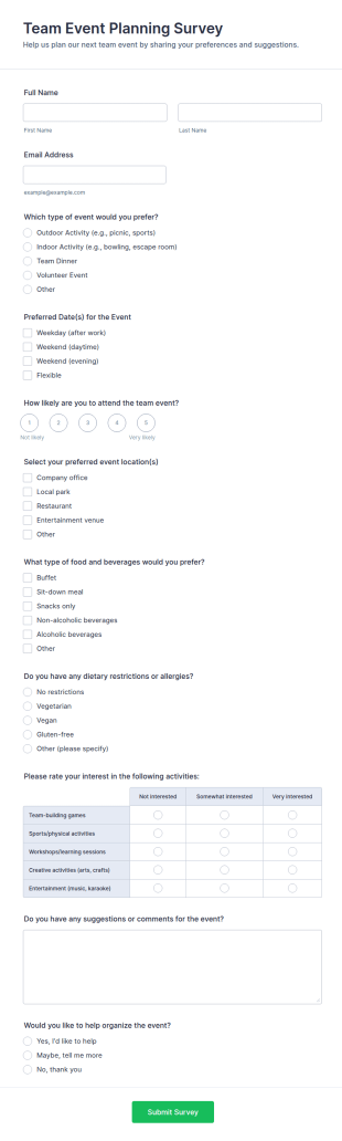 Team Event Planning Survey Form Template