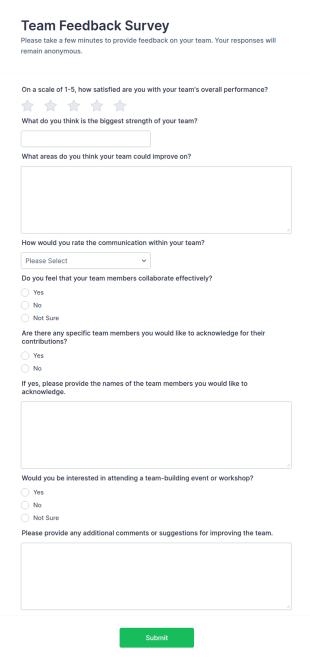 Team Feedback Survey Form Template