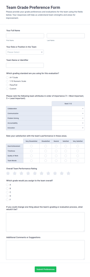 Team Grade Preference Form Template