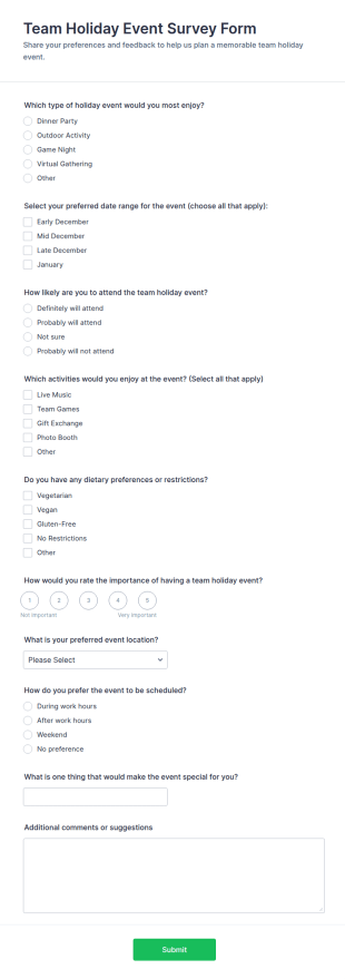 Team Holiday Event Survey Form Template