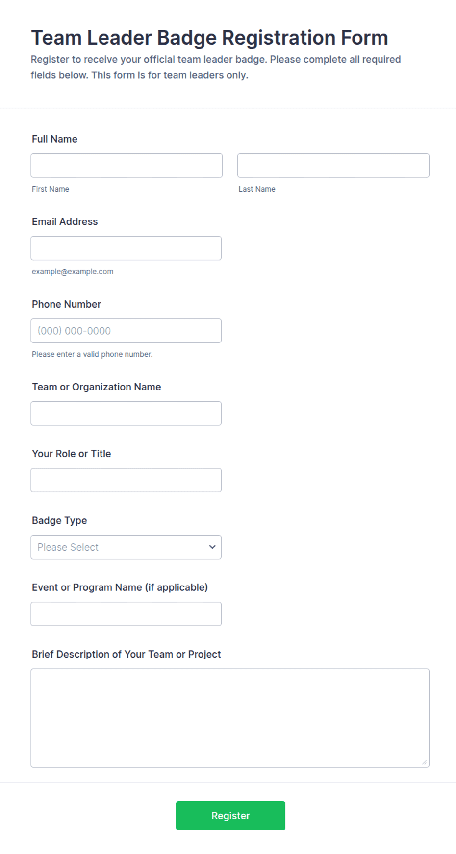 Team Leader Badge Registration Form Template | Jotform