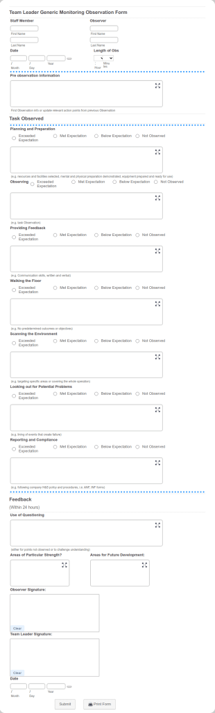 Team Leader Feedback Form Generic Monitoring