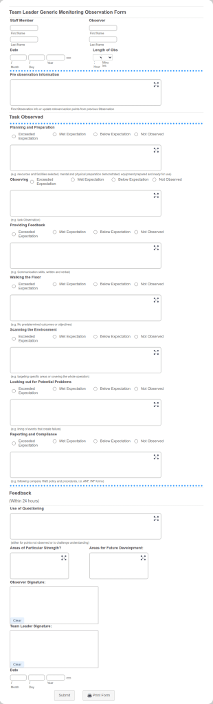 Team Leader Feedback Form Generic Monitoring