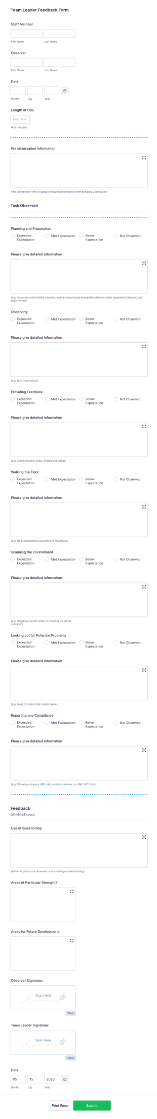 Team Leader Feedback Form Template