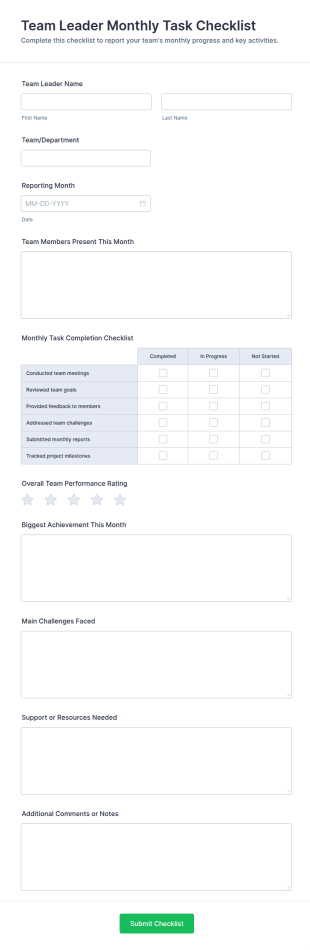 Team Leader Monthly Task Checklist Form Template