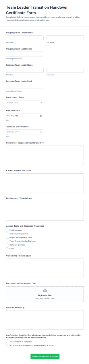 Team Leader Transition Handover Certificate Form Template