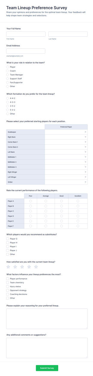 Team Lineup Preference Survey Form Template