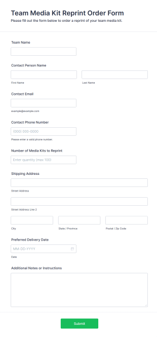 Team Media Kit Reprint Order Form Template
