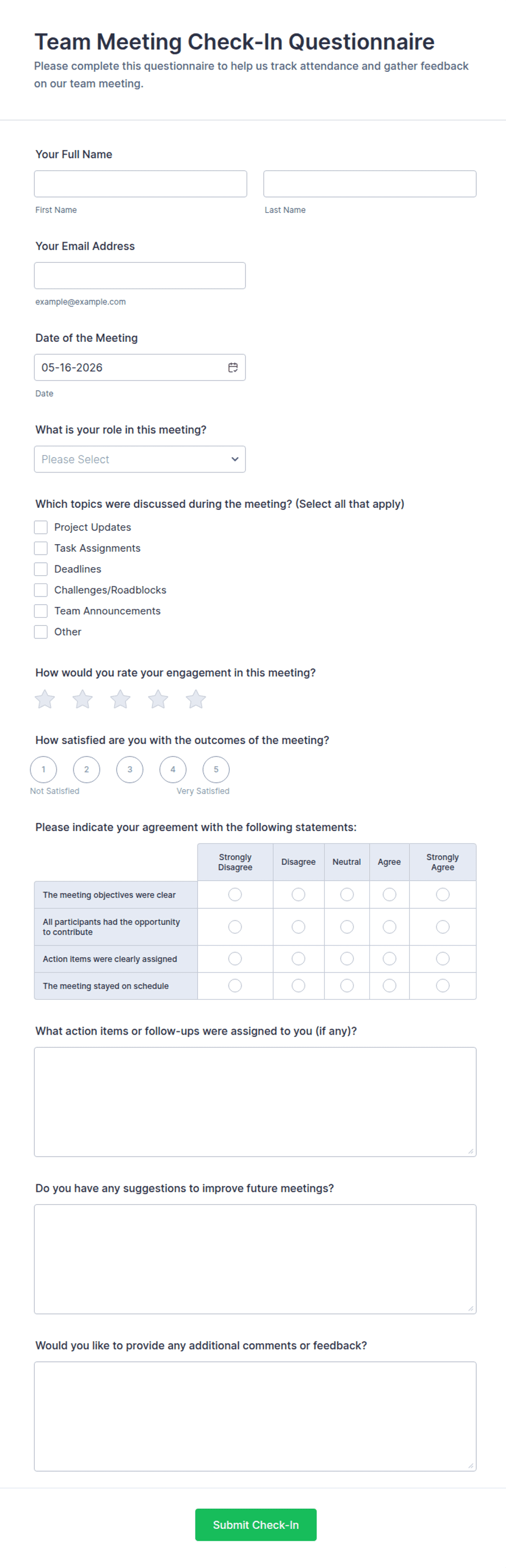 Team Meeting Check-In Questionnaire Form Template | Jotform