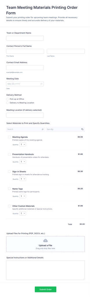Team Meeting Materials Printing Order Form Template
