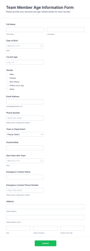 Team Member Age Information Form Template