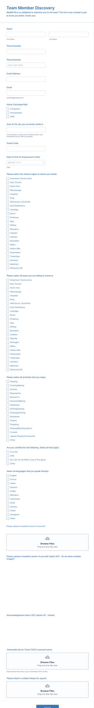Team Member Discovery Form Template