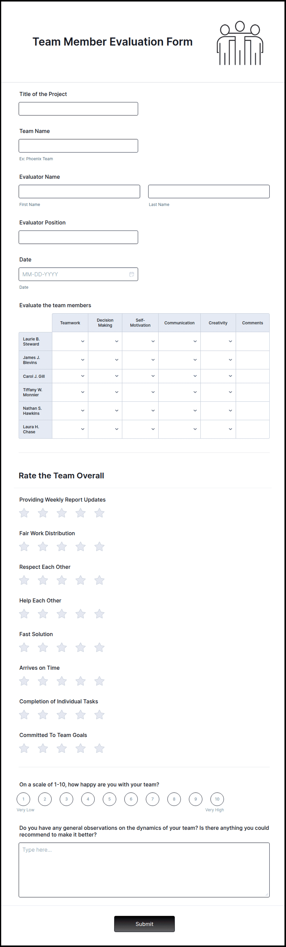 Team Member Questionnaire.pdf Team Member Evaluation Form Template | Jotform