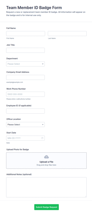 Team Member ID Badge Form Template