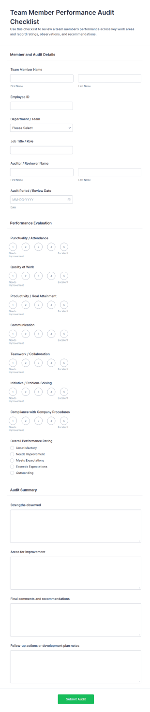 Team Member Performance Audit Checklist Form Template