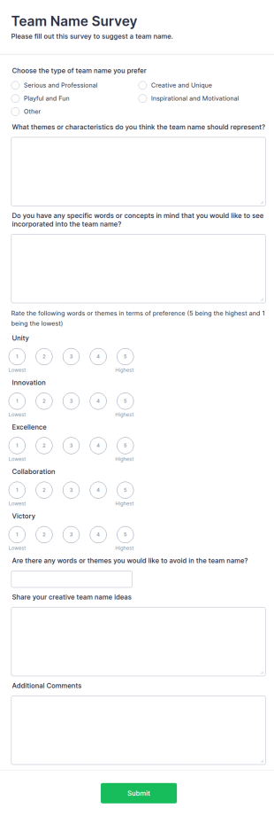 Team Name Survey Form Template