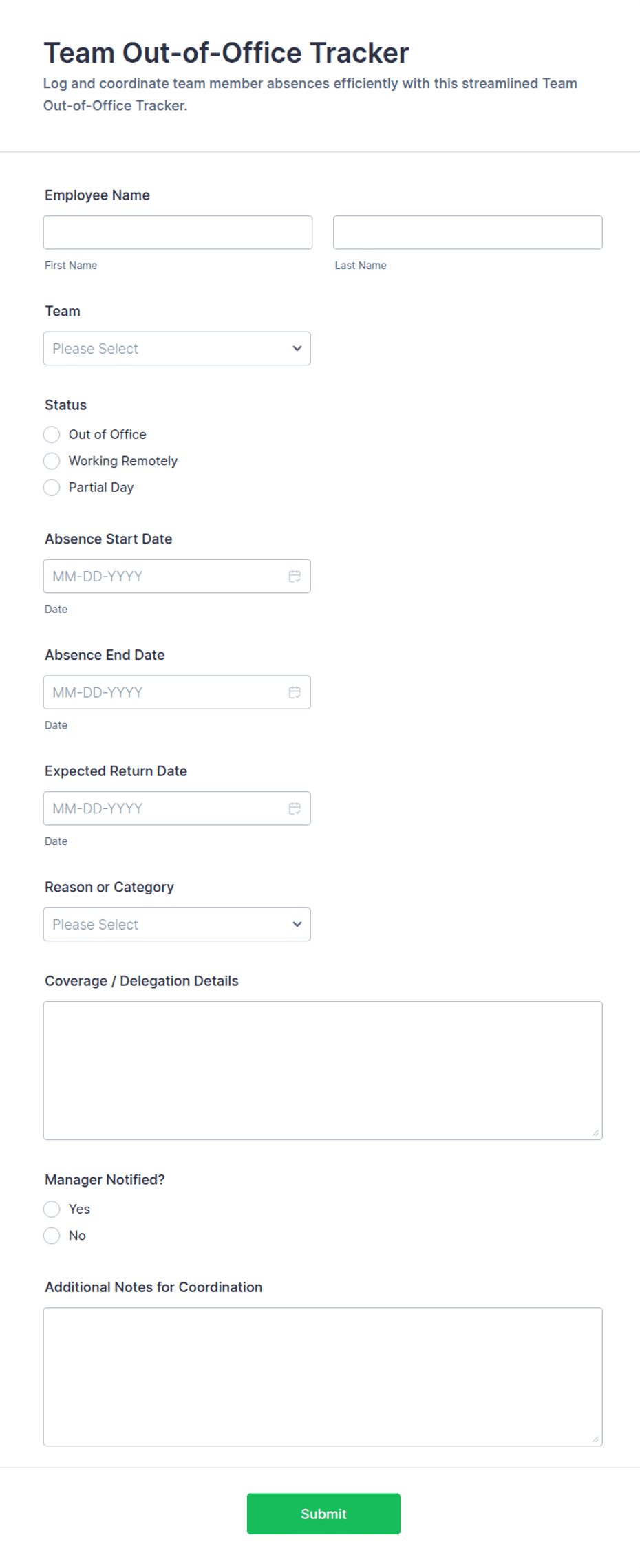 Team Out-of-Office Tracker Form Template | Jotform