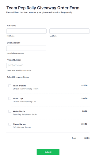 Team Pep Rally Giveaway Order Form Template