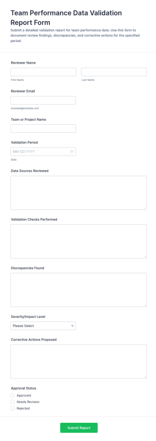 Team Performance Data Validation Report Form Template
