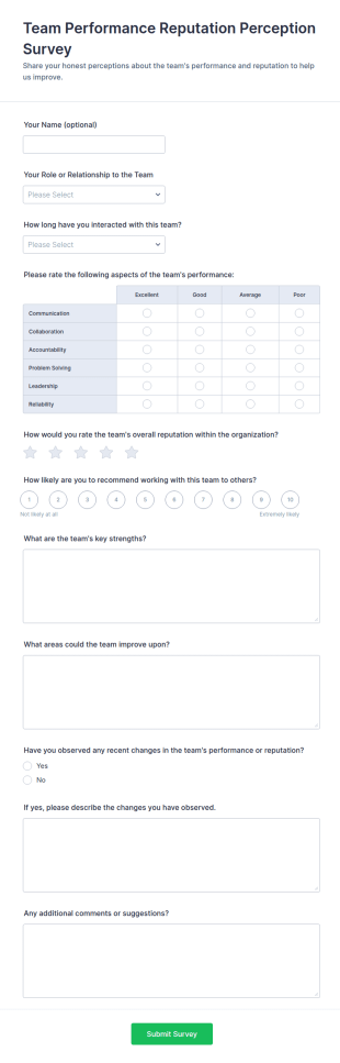 Team Performance Reputation Perception Survey Form Template