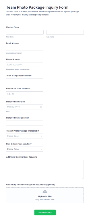 Team Photo Package Inquiry Form Template