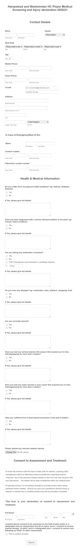 Team Player Medical Screening Form Template