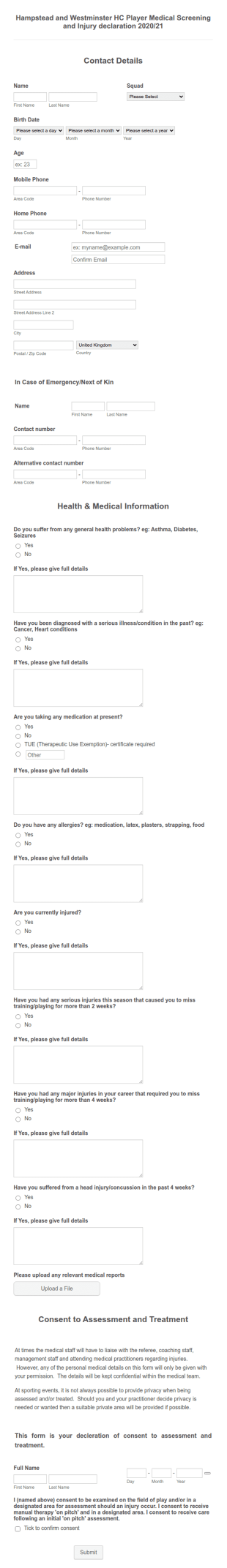 Team Player Medical Screening Form Template
