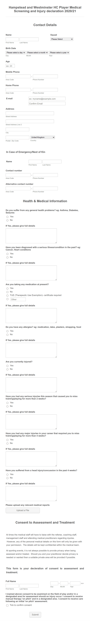 Team Player Medical Screening Form Template