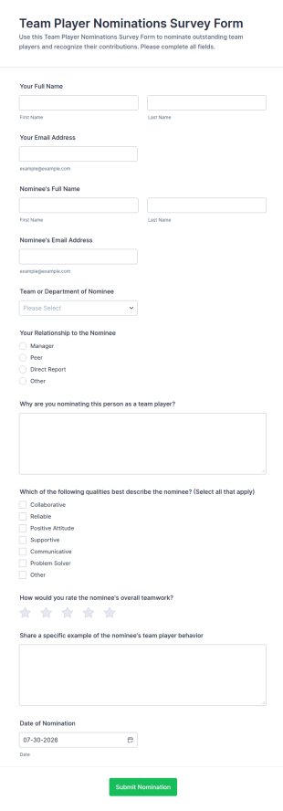 Team Player Nominations Survey Form Template
