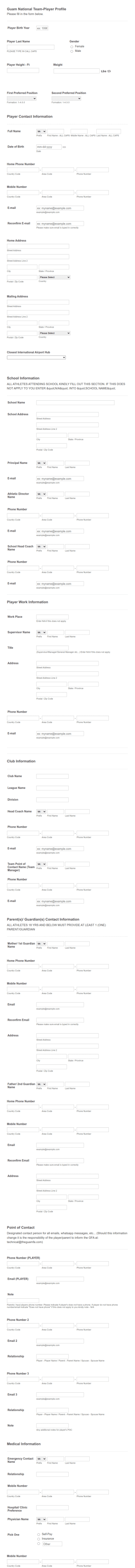 GFA National Team Player Profile Form Template