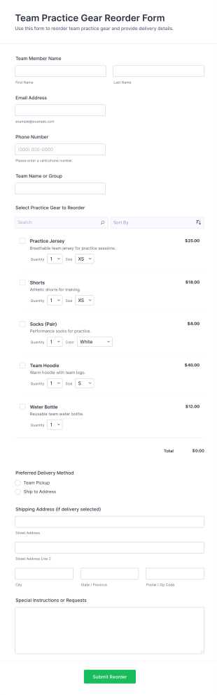 Team Practice Gear Reorder Form Template