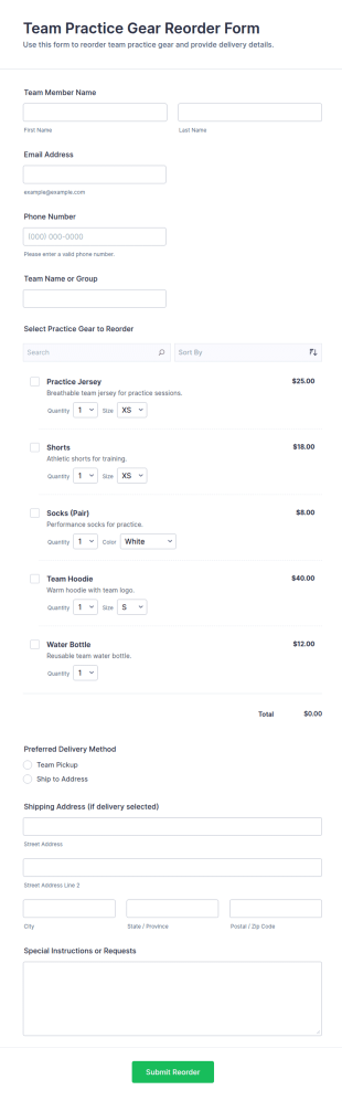 Team Practice Gear Reorder Form Template