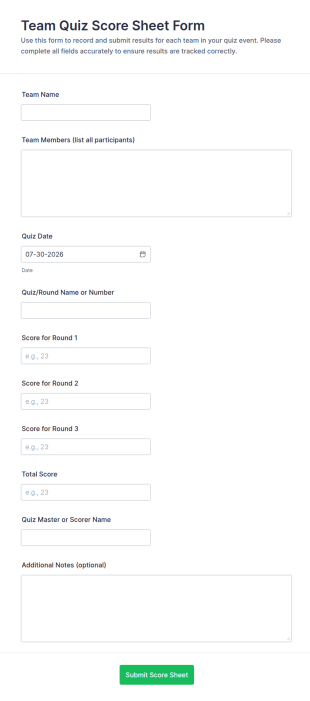 Team Quiz Score Sheet Form Template