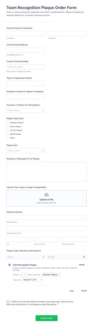 Team Recognition Plaque Order Form Template