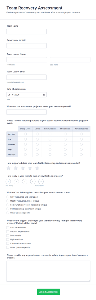Team Recovery Assessment Form Template