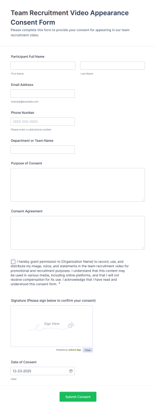 Team Recruitment Video Appearance Consent Form Template