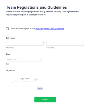 Team Regulations And Guidelines Agreement Form Template