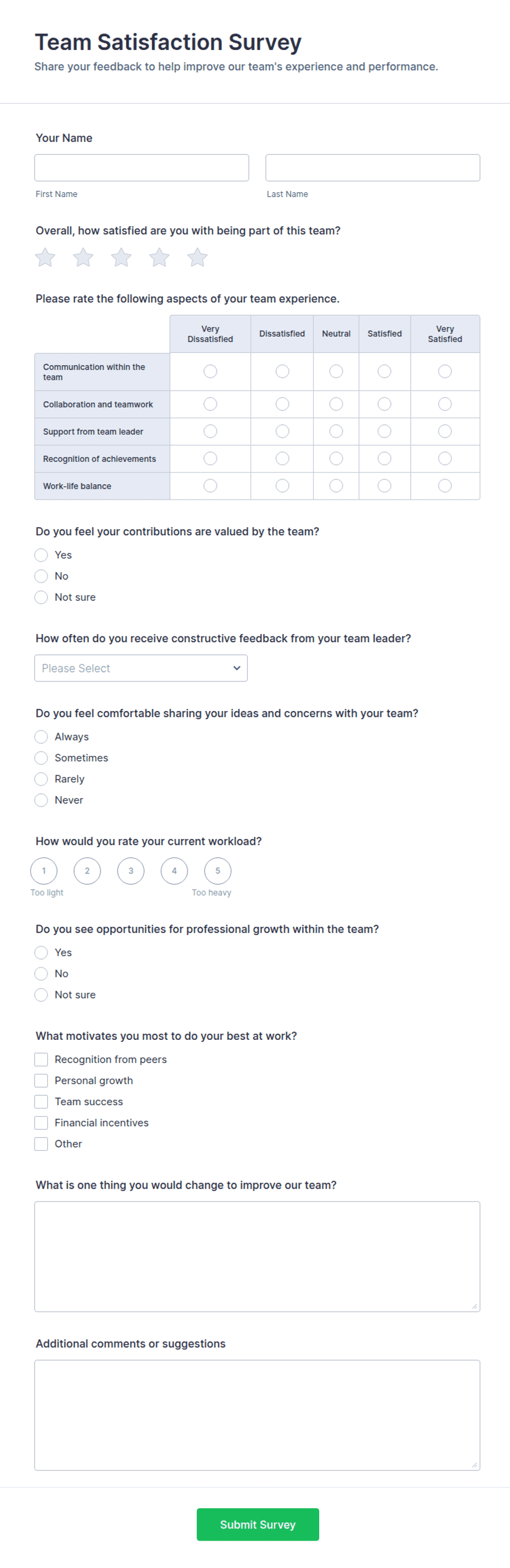 Team Satisfaction Survey Form Template | Jotform