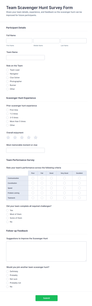 Team Scavenger Hunt Survey Form Template