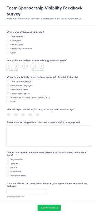 Team Sponsorship Visibility Feedback Survey Form Template