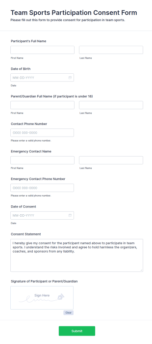 Team Sports Participation Consent Form Template