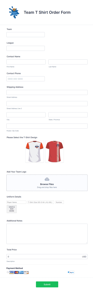 Team T Shirt Order Form Form Template