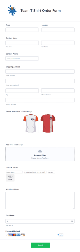Team T Shirt Order Form Template