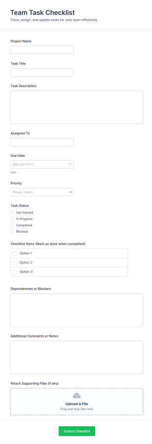 Team Task Checklist Form Template