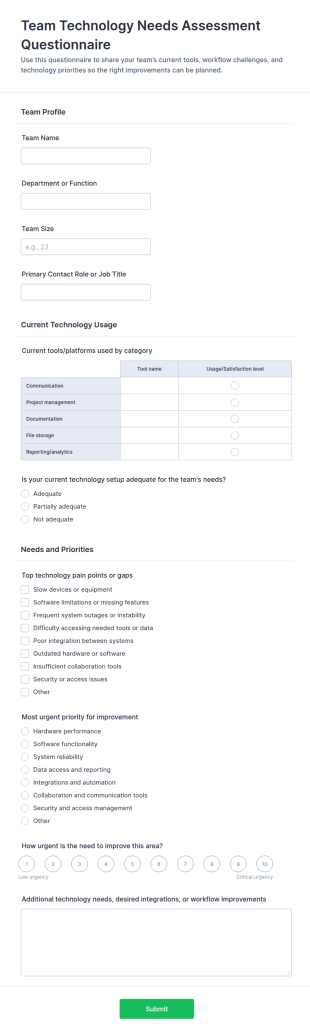 Team Technology Needs Assessment Questionnaire Form Template