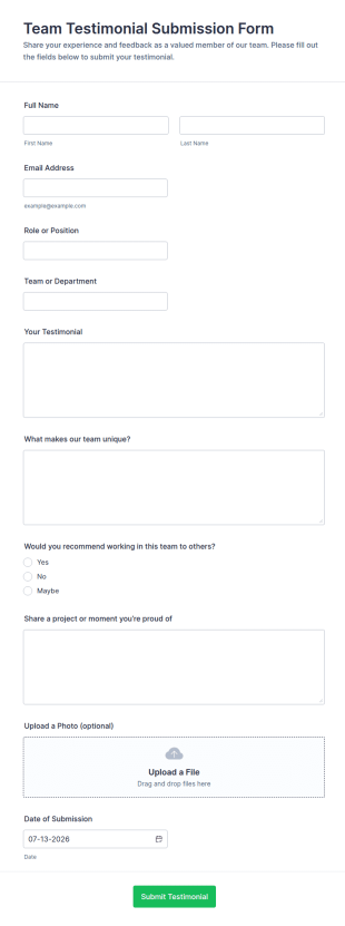 Team Testimonial Submission Form Template