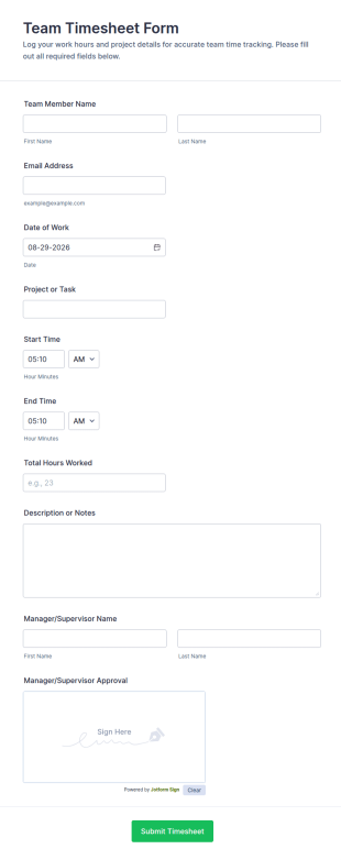 Team Timesheet Form Template